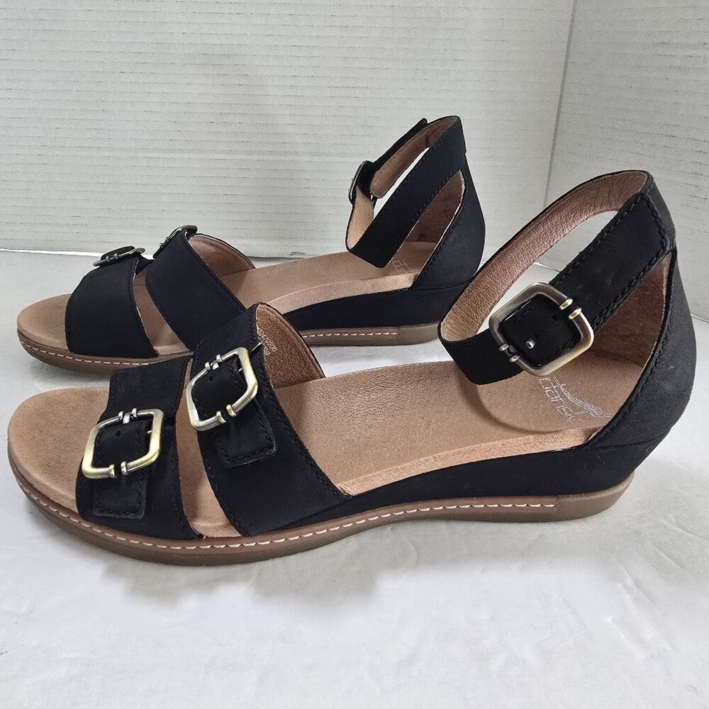 Dansko Astrid Black Milled Nubuck Leather Wedge Sandals Size 8.5/9 Comfort